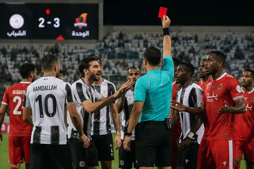 لحظة الطرد المؤثرة في مباراة الشباب والوحدة